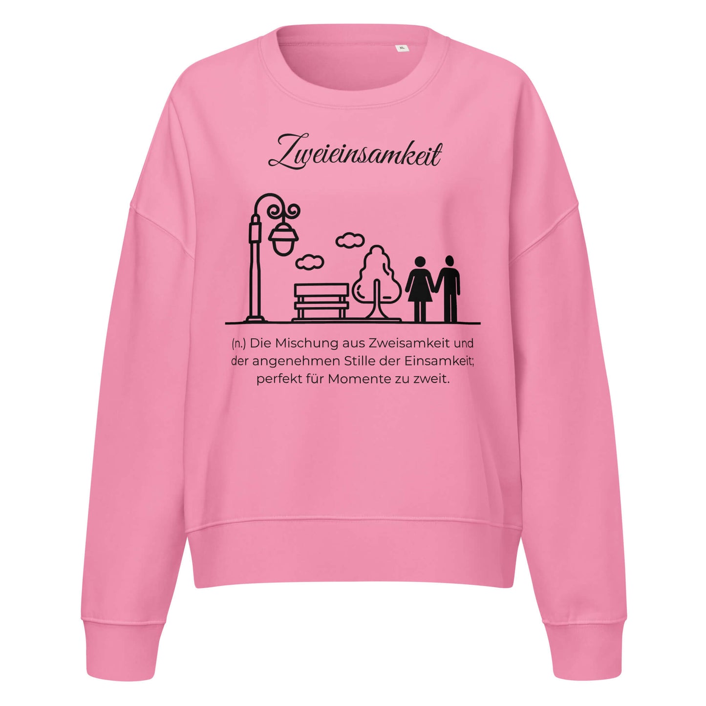 Zweieinsamkeit Damen Pullover in Bubble Pink – schwarzer Aufdruck, Bio-Baumwolle, femininer Schnitt – Wortstolz