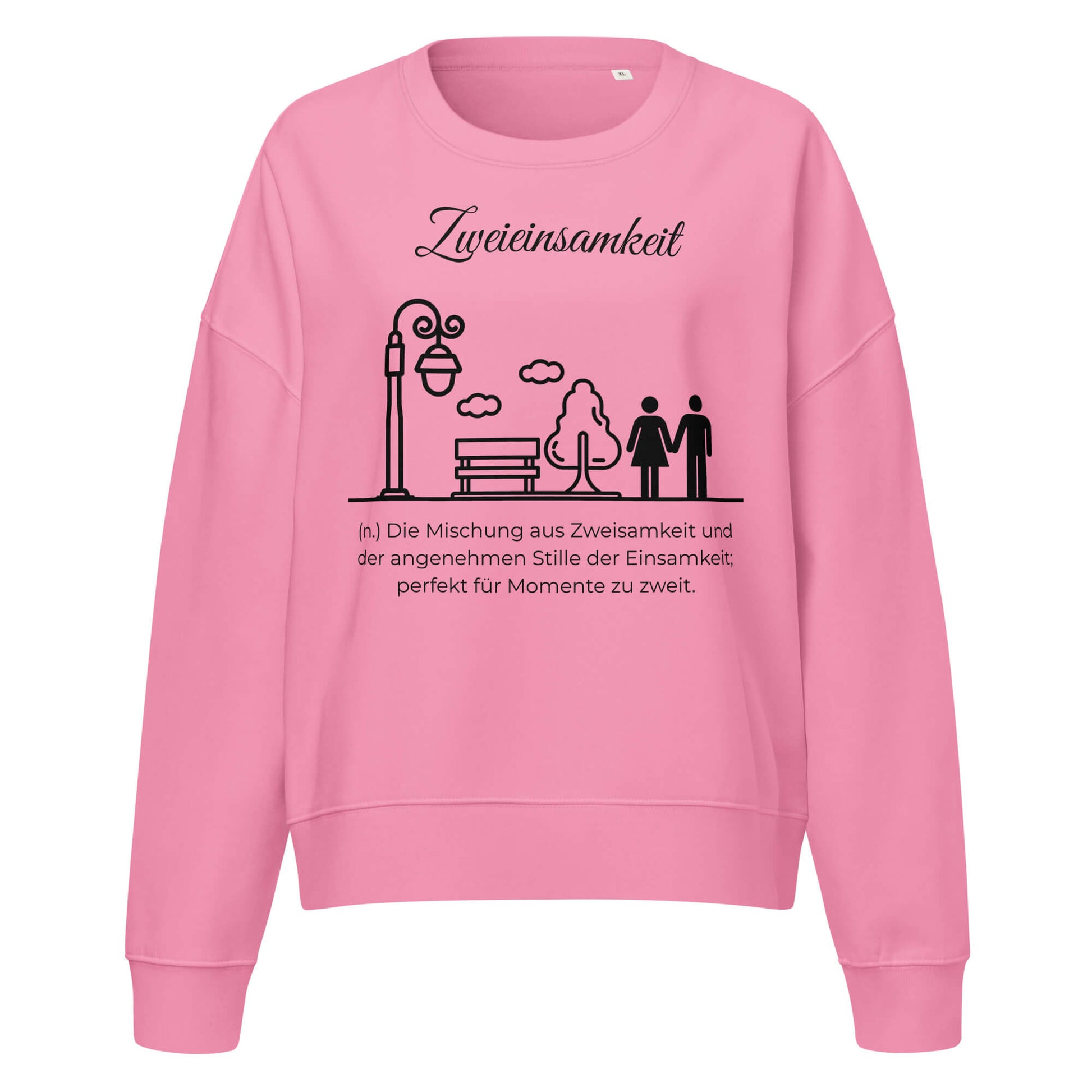 Zweieinsamkeit Damen Pullover in Bubble Pink – schwarzer Aufdruck, Bio-Baumwolle, femininer Schnitt – Wortstolz