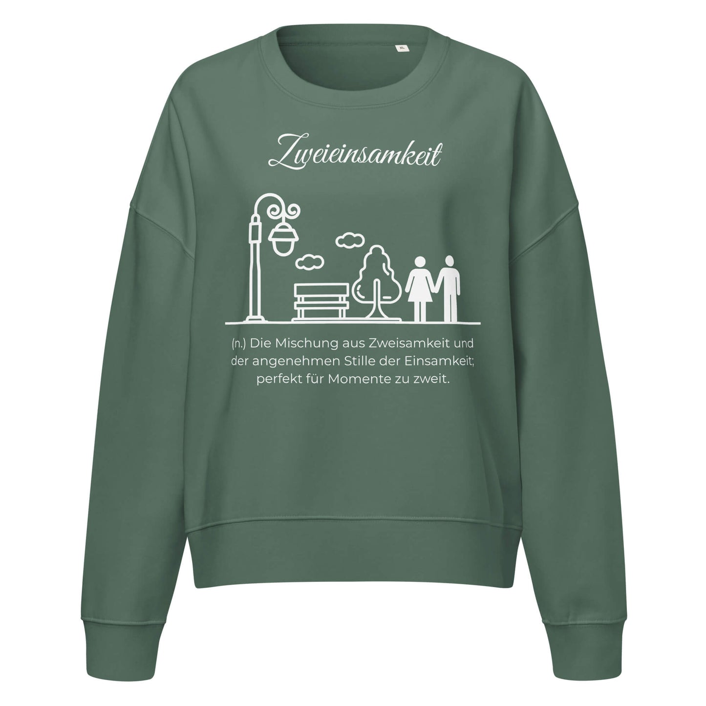 Zweieinsamkeit Damen Pullover in Green Bay – weißer Aufdruck, Bio-Baumwolle, femininer Schnitt – Wortstolz