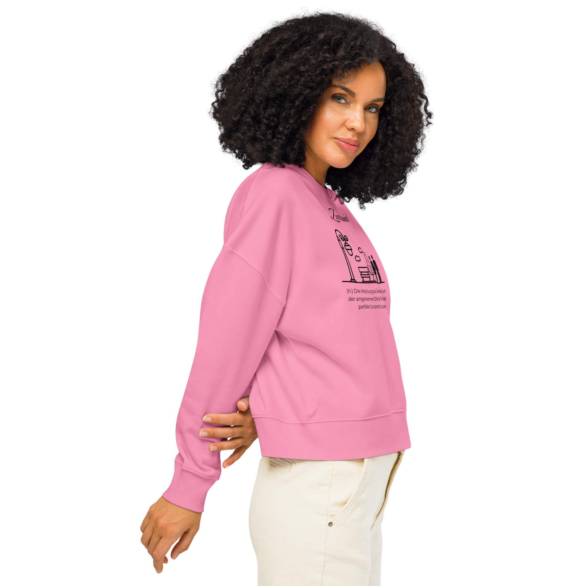 Zweieinsamkeit Damen Pullover – Bubble Pink – Model trägt Größe S – Wortstolz