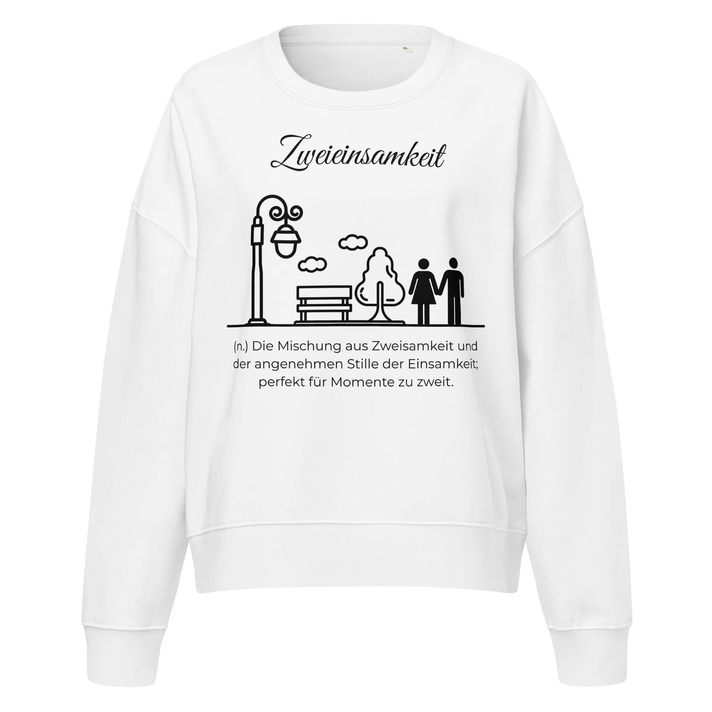 Zweieinsamkeit Damen Pullover in White – schwarzer Aufdruck, Bio-Baumwolle, femininer Schnitt – Wortstolz