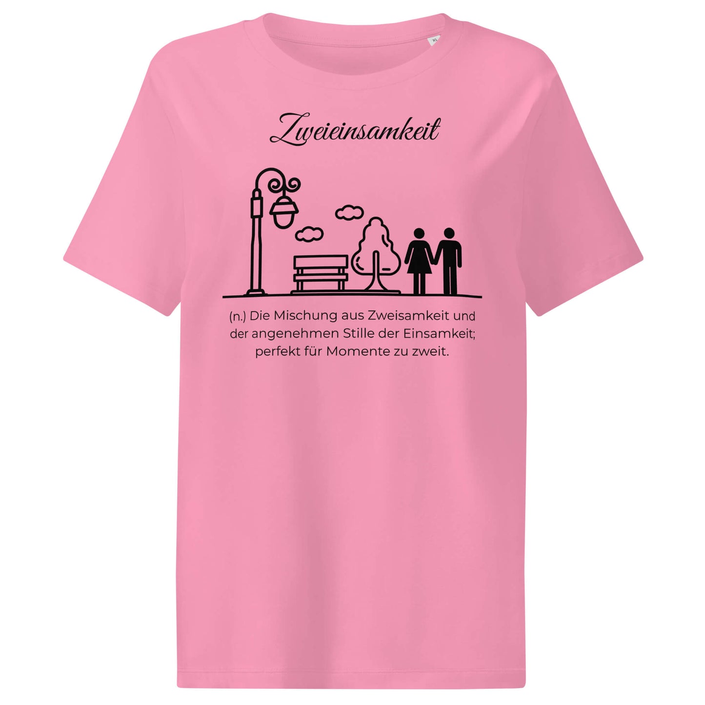 Zweieinsamkeit Damen T-Shirt in Bubble Pink – schwarzer Aufdruck, Bio-Baumwolle, femininer Schnitt – Wortstolz