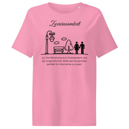 Zweieinsamkeit Damen T-Shirt in Bubble Pink – schwarzer Aufdruck, Bio-Baumwolle, femininer Schnitt – Wortstolz