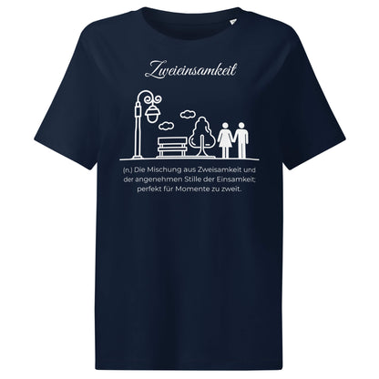 Zweieinsamkeit Damen T-Shirt in French Navy – weißer Aufdruck, Bio-Baumwolle, femininer Schnitt – Wortstolz