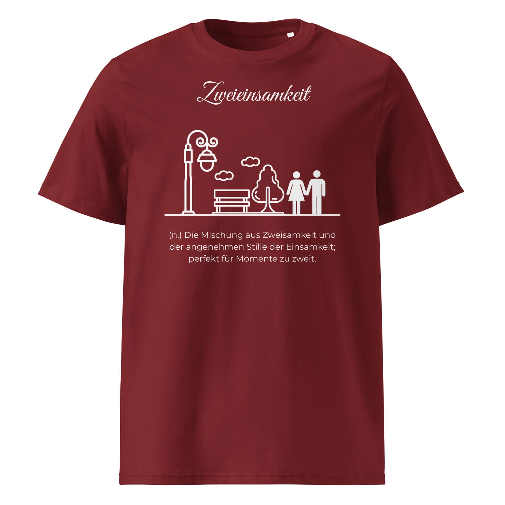 Zweieinsamkeit Herren T-Shirt in Burgundy – weißer Aufdruck, Bio-Baumwolle, maskuliner Schnitt – Wortstolz
