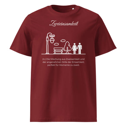 Zweieinsamkeit Herren T-Shirt in Burgundy – weißer Aufdruck, Bio-Baumwolle, maskuliner Schnitt – Wortstolz