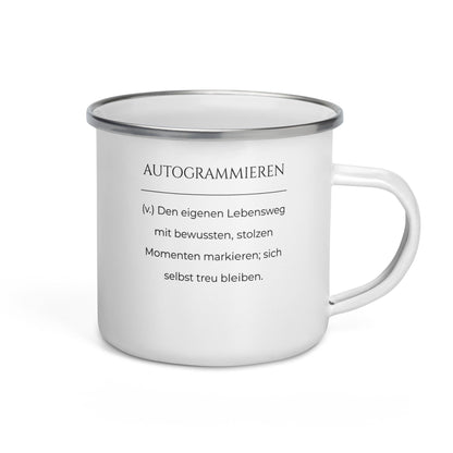 Autogrammieren Emailletasse in Weiß - neues Wort für den Lebensweg - Front mit Henkel rechts - Wortstolz Design