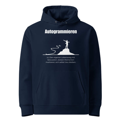 Hoodie mit Spruch - Autogrammieren Kapuzenpullover in Marineblau aus Bio-Baumwolle - Premium Edition - Frontansicht mit weißem Print