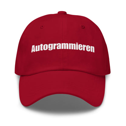 Autogrammieren Premium Dad Cap in Cranberry aus Chino-Baumwoll-Twill - neues Wort für den Lebensweg - Front - Wortstolz Design