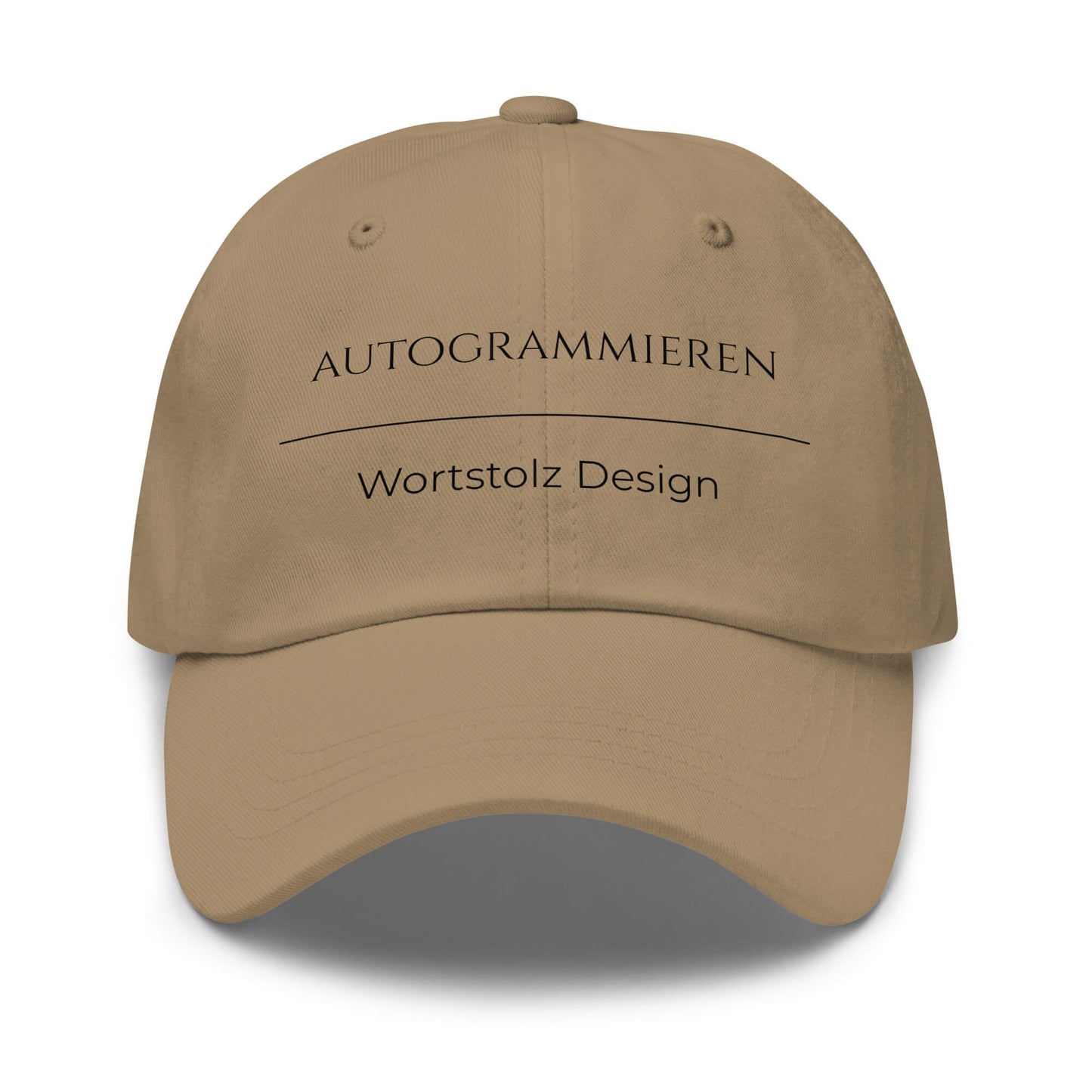 Autogrammieren Premium Dad Cap in Khaki aus Chino-Baumwoll-Twill - neues Wort für den Lebensweg - Front - Wortstolz Design