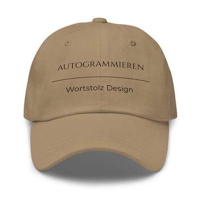 Autogrammieren Premium Dad Cap in Khaki aus Chino-Baumwoll-Twill - neues Wort für den Lebensweg - Front - Wortstolz Design