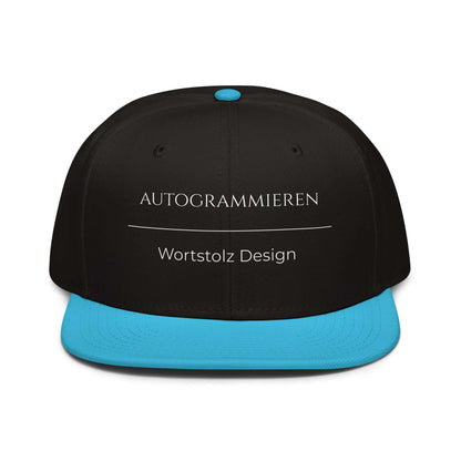 Autogrammieren Snapback Cap in Schwarz - Blau aus Acryl-Woll-Mix - neues Wort für den Lebensweg - Front - Wortstolz Design