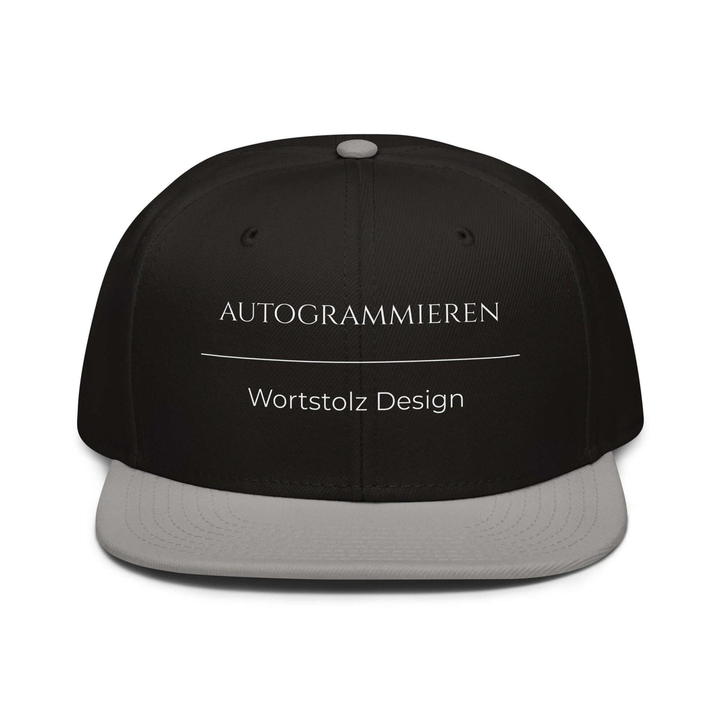 Autogrammieren Snapback Cap in Schwarz - Grau aus Acryl-Woll-Mix - neues Wort für den Lebensweg - Front - Wortstolz Design