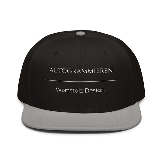 Autogrammieren Snapback Cap in Schwarz - Grau aus Acryl-Woll-Mix - neues Wort für den Lebensweg - Front - Wortstolz Design
