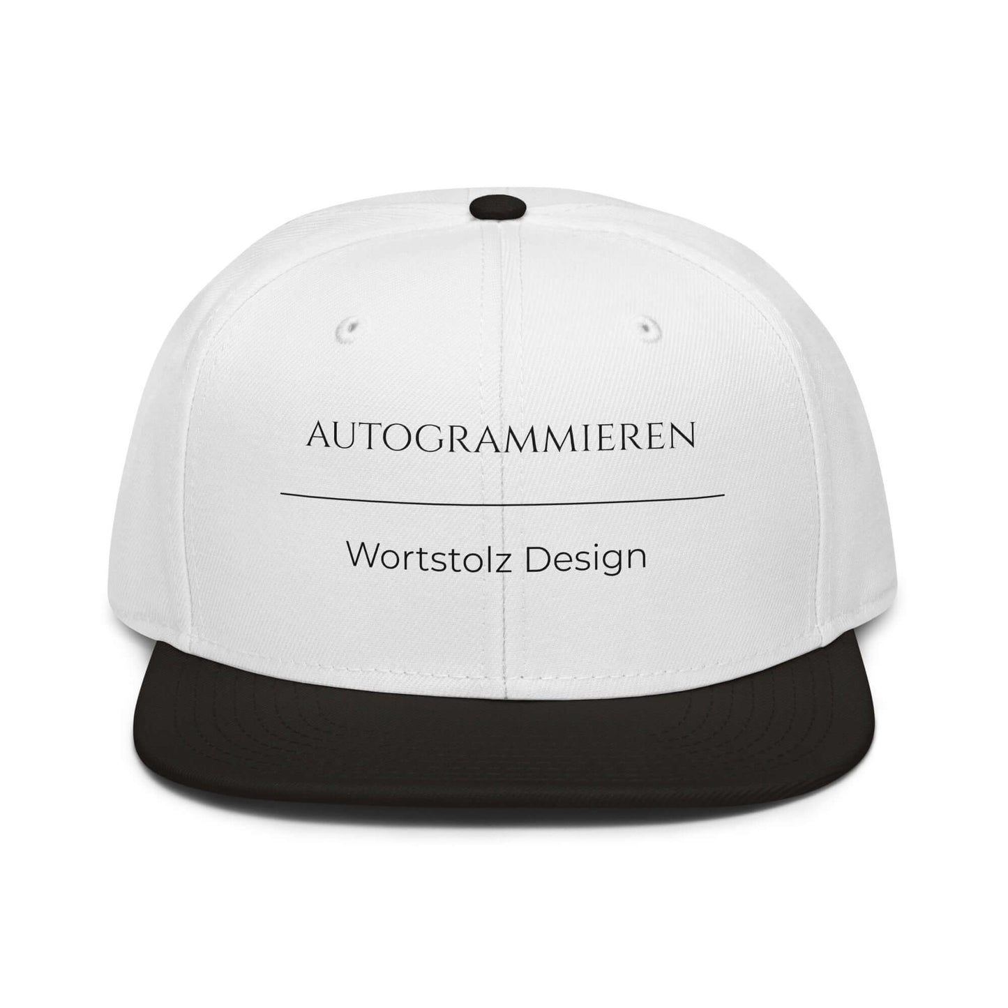Autogrammieren Snapback Cap in Weiß - Schwarz aus Acryl-Woll-Mix - neues Wort für den Lebensweg - Front - Wortstolz Design