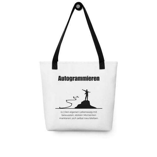 Autogrammieren - Stofftasche in Black -White aus Polyester und Baumwolle - Premium Edition - Frontansicht hängend mit schwarzem Print