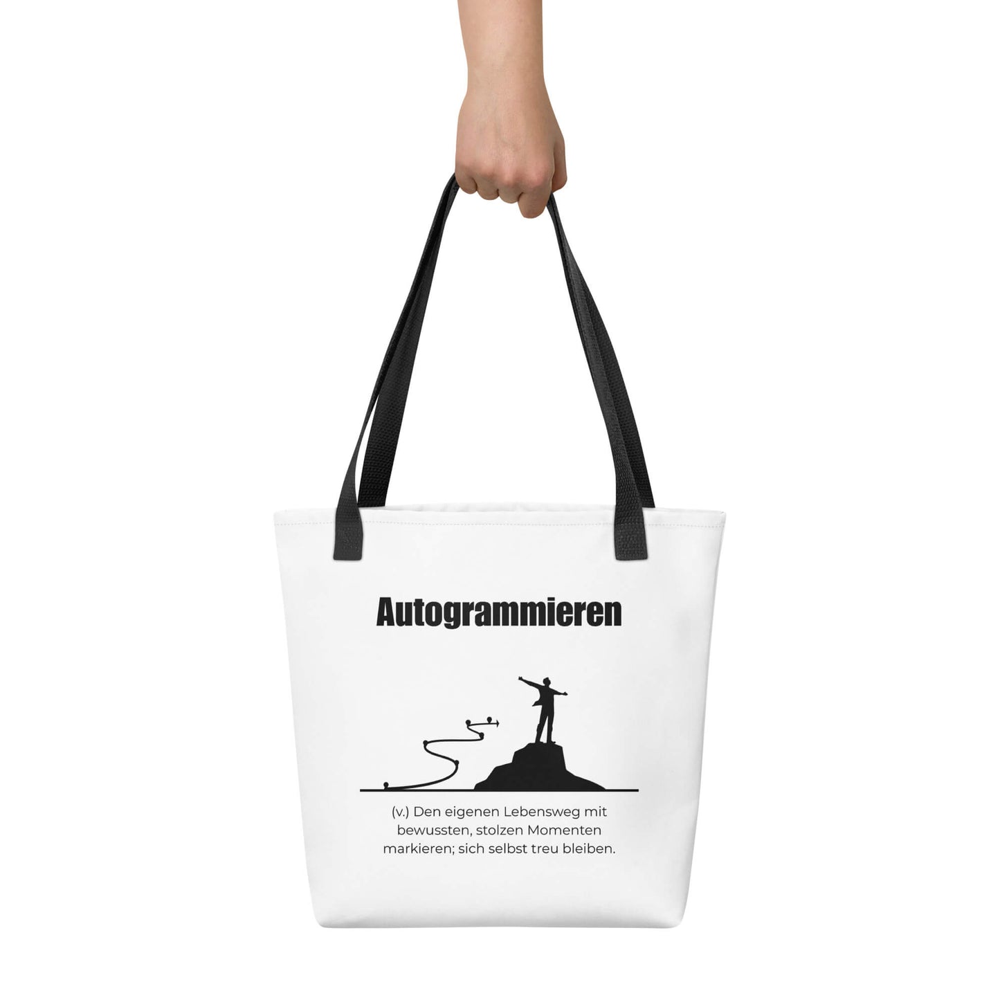 Autogrammieren - Stofftasche in Black -White aus Polyester und Baumwolle - Premium Edition - Frontansicht haltend in Hand mit schwarzem Print