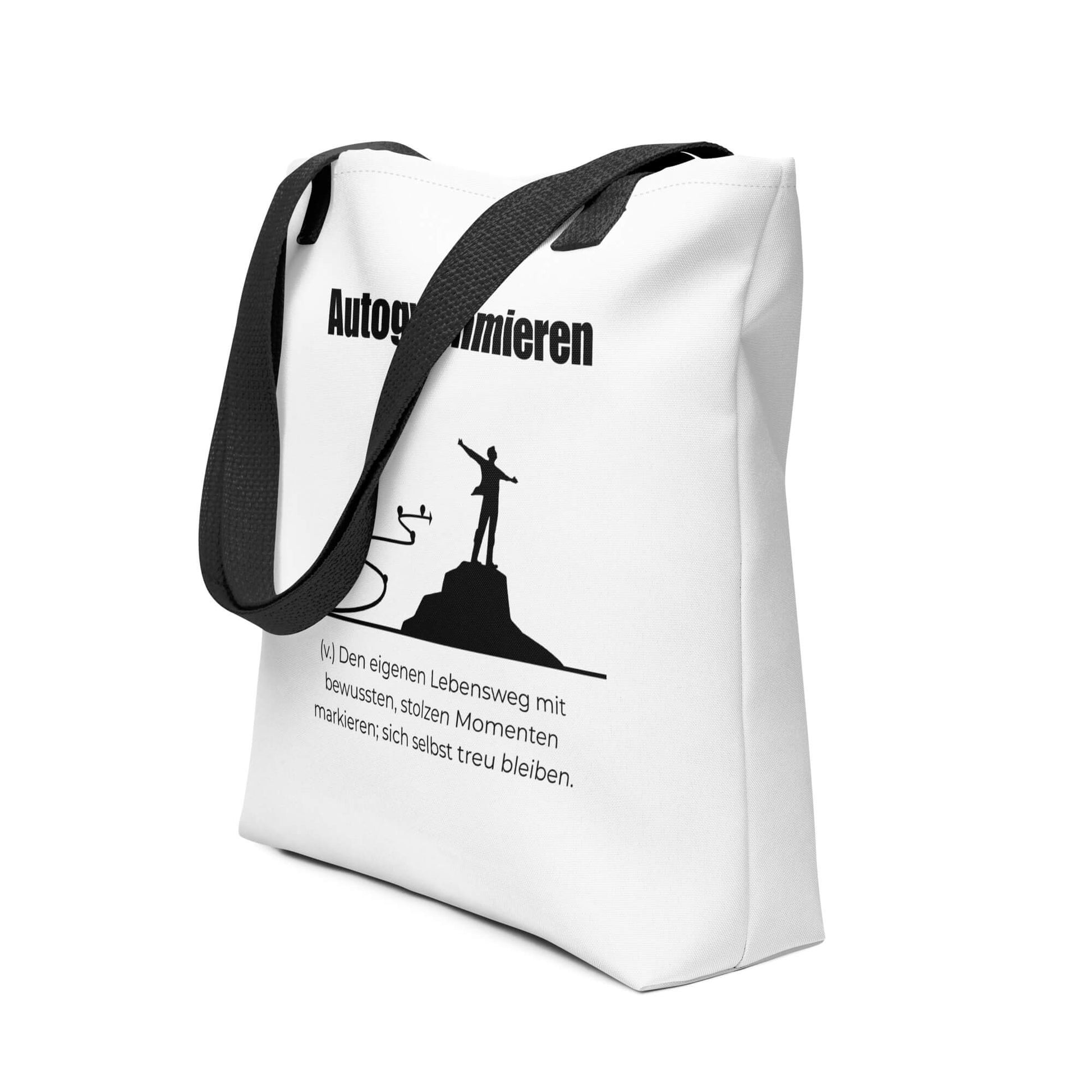 Autogrammieren - Stofftasche in Black - White aus Polyester und Baumwolle - Premium Edition - Frontansicht schräg mit schwarzem Print