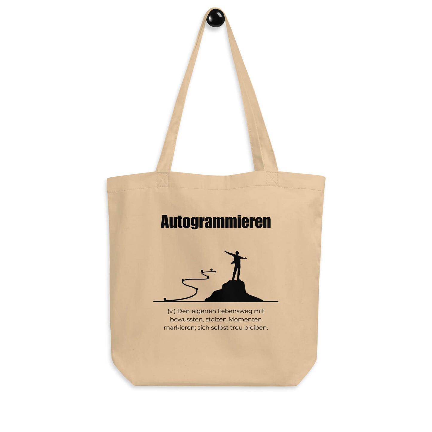 Autogrammieren Bio-Stoffbeutel. Einkaufstasche in Oyster aus Bio-Baumwolle - Res5 Edition - Frontansicht hängend mit schwarzem Print