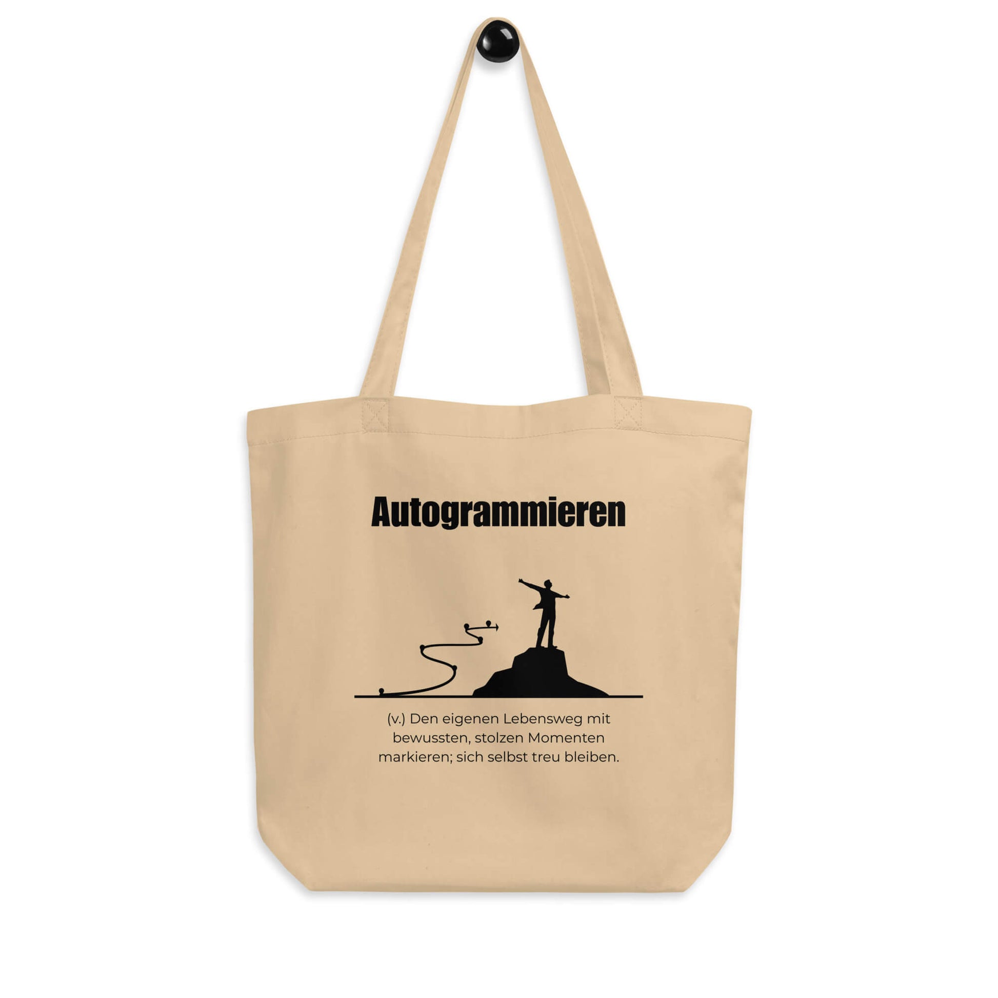 Autogrammieren Bio-Stoffbeutel. Einkaufstasche in Oyster aus Bio-Baumwolle - Res5 Edition - Frontansicht hängend mit schwarzem Print