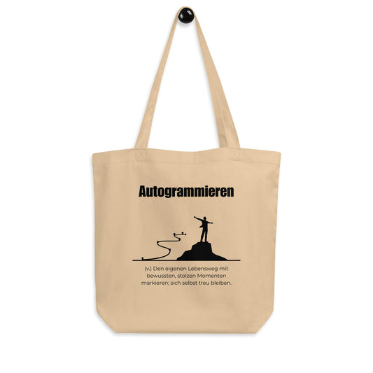 Autogrammieren Bio-Stoffbeutel. Einkaufstasche in Oyster aus Bio-Baumwolle - Res5 Edition - Frontansicht hängend mit schwarzem Print