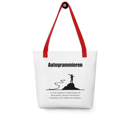 Autogrammieren - Stofftasche in Red -White aus Polyester und Baumwolle - Premium Edition - Frontansicht hängend mit schwarzem Print