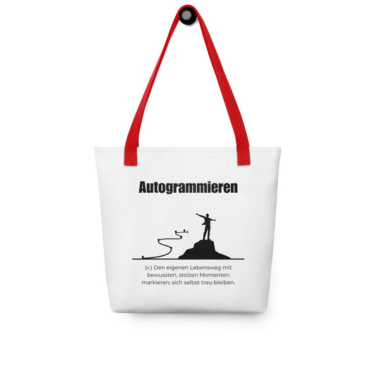 Autogrammieren - Stofftasche in Red -White aus Polyester und Baumwolle - Premium Edition - Frontansicht hängend mit schwarzem Print