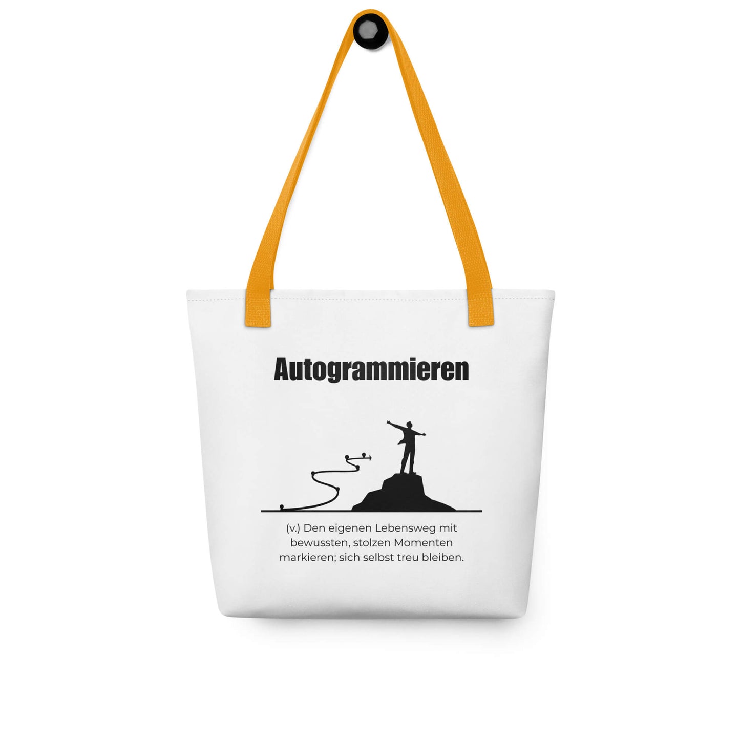 Autogrammieren - Stofftasche in Yellow -White aus Polyester und Baumwolle - Premium Edition - Frontansicht hängend mit schwarzem Print