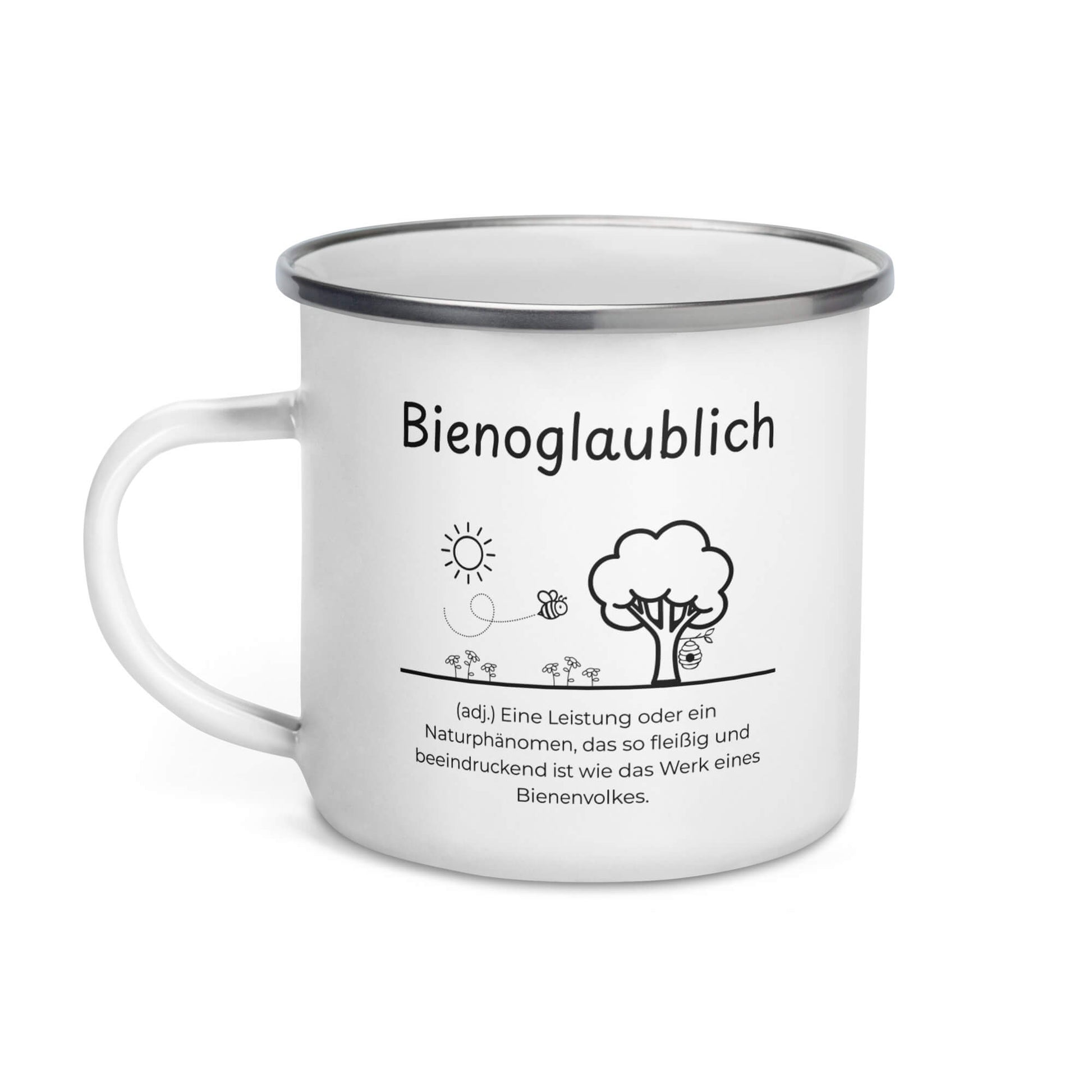 Bienoglaublich Emailletasse in Weiß - neues Wort für Leichtigkeit und Wachstum - Front mit Henkel links - Wortstolz Design