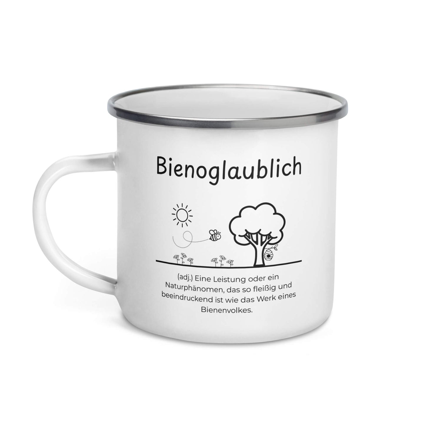 Bienoglaublich Emailletasse in Weiß - neues Wort für Leichtigkeit und Wachstum - Front mit Henkel rechts - Wortstolz Design