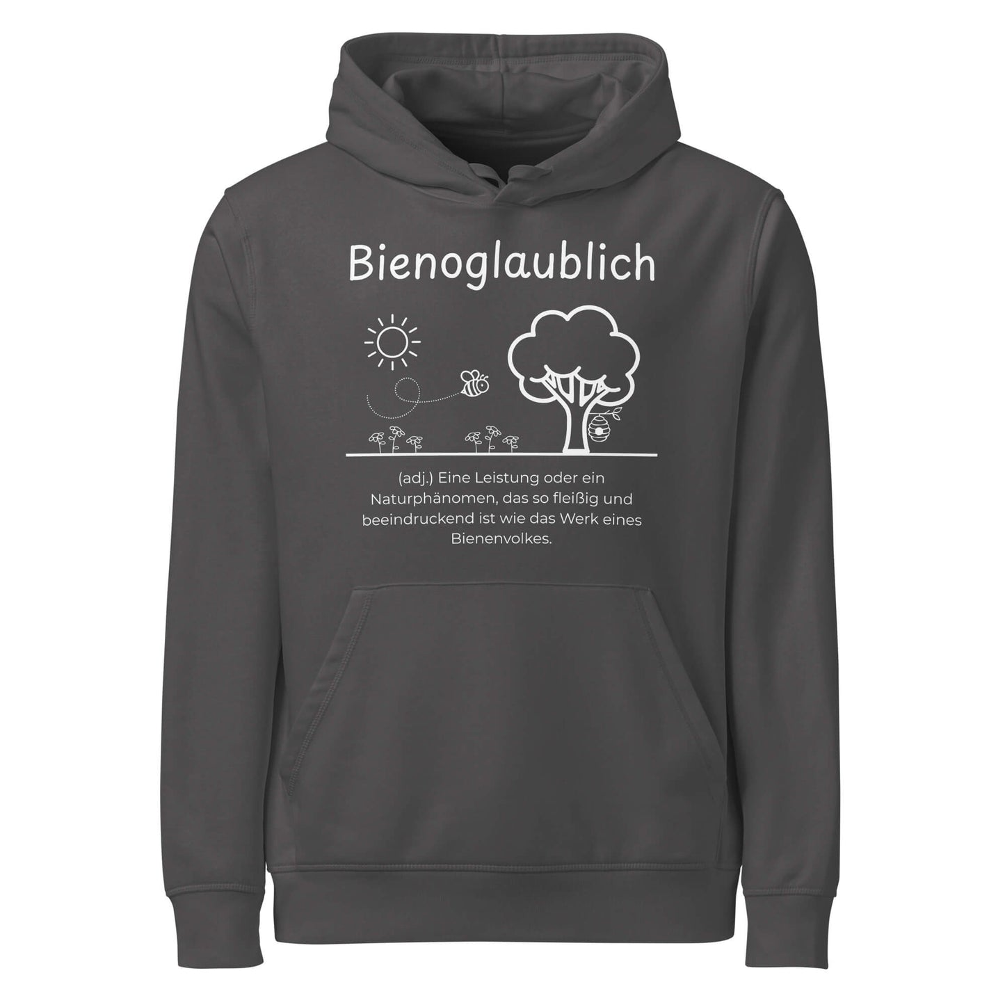 Hoodie mit Spruch - Bienoglaublich Kapuzenpullover in Anthracite aus Bio-Baumwolle - Res5 Edition - Frontansicht mit weißem Print