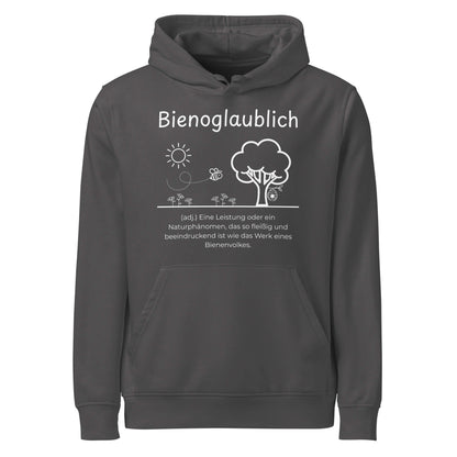 Hoodie mit Spruch - Bienoglaublich Kapuzenpullover in Anthracite aus Bio-Baumwolle - Res5 Edition - Frontansicht mit weißem Print