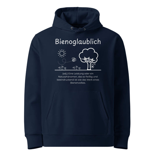 Hoodie mit Spruch - Bienoglaublich Kapuzenpullover in Marineblau aus Bio-Baumwolle - Premium Edition - Frontansicht mit weißem Print