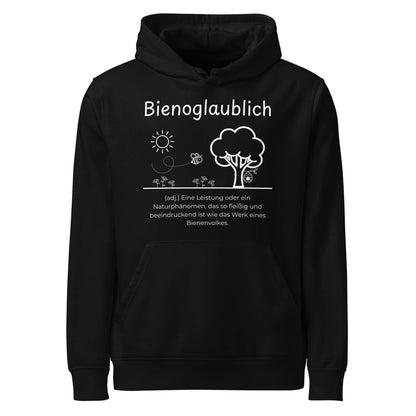 Hoodie mit Spruch - Bienoglaublich Kapuzenpullover in Schwarz aus Bio-Baumwolle - Res5 Edition - Frontansicht mit weißem Print