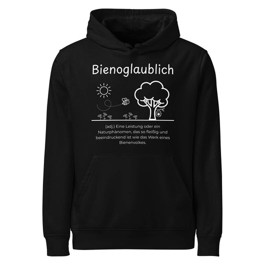 Hoodie mit Spruch - Bienoglaublich Kapuzenpullover in Schwarz aus Bio-Baumwolle - Res5 Edition - Frontansicht mit weißem Print