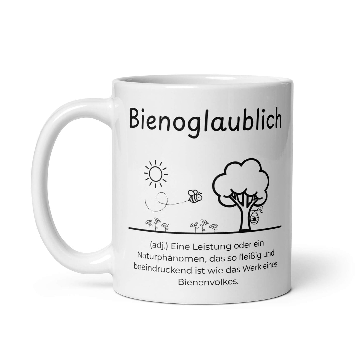 Bienoglaublich Keramiktasse in Weiß - neues Wort für Leichtigkeit und Wachstum - Front mit Henkel links - Wortstolz Design
