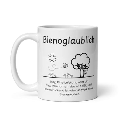Bienoglaublich Keramiktasse in Weiß - neues Wort für Leichtigkeit und Wachstum - Front mit Henkel links - Wortstolz Design