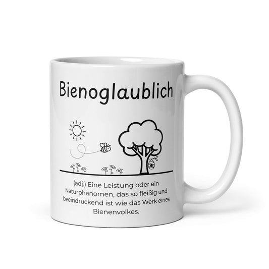 Bienoglaublich Keramiktasse in Weiß - neues Wort für Leichtigkeit und Wachstum - Front mit Henkel rechts - Wortstolz Design