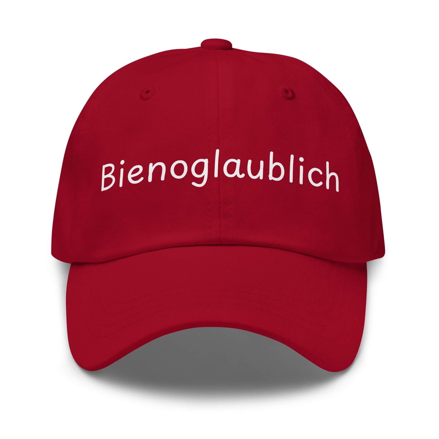 Bienoglaublich Premium Dad Cap in Cranberry aus Chino-Baumwoll-Twill - neues Wort für Leichtigkeit und Wachstum - Front - Wortstolz Design