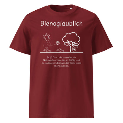 Bienoglaublich Premium T-Shirt in Burgundy aus Bio-Baumwolle - neues Wort für Leichtigkeit und Wachstum - Front - Wortstolz Design