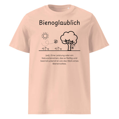 Bienoglaublich Premium T-Shirt in Fraiche Peche aus Bio-Baumwolle - neues Wort für Leichtigkeit und Wachstum - Front - Wortstolz Design