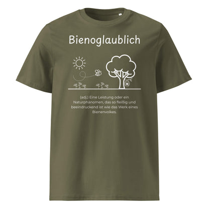 Bienoglaublich Premium T-Shirt in Khaki aus Bio-Baumwolle - neues Wort für Leichtigkeit und Wachstum - Front - Wortstolz Design