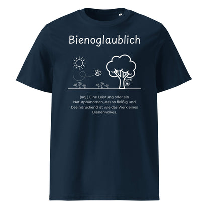 Bienoglaublich Premium T-Shirt in Marineblau aus Bio-Baumwolle - neues Wort für Leichtigkeit und Wachstum - Front - Wortstolz Design