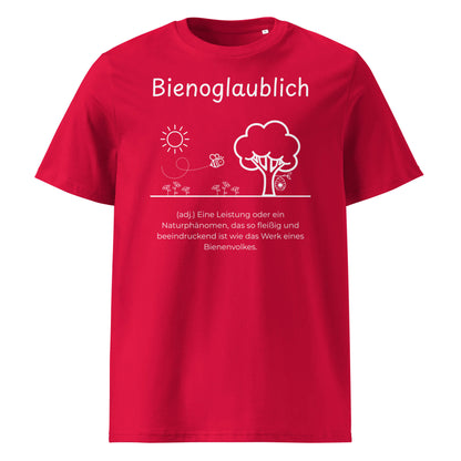 Bienoglaublich Premium T-Shirt in Red aus Bio-Baumwolle - neues Wort für Leichtigkeit und Wachstum - Front - Wortstolz Design