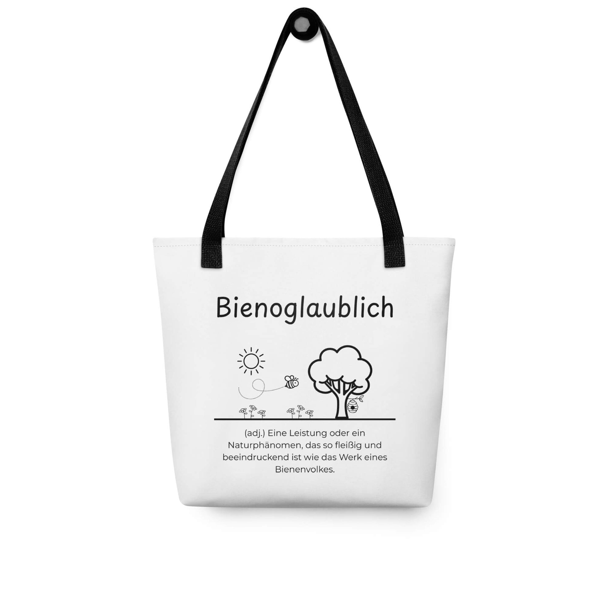 Bienoglaublich - Stofftasche in Black -White aus Polyester und Baumwolle - Premium Edition - Frontansicht hängend mit schwarzem Print