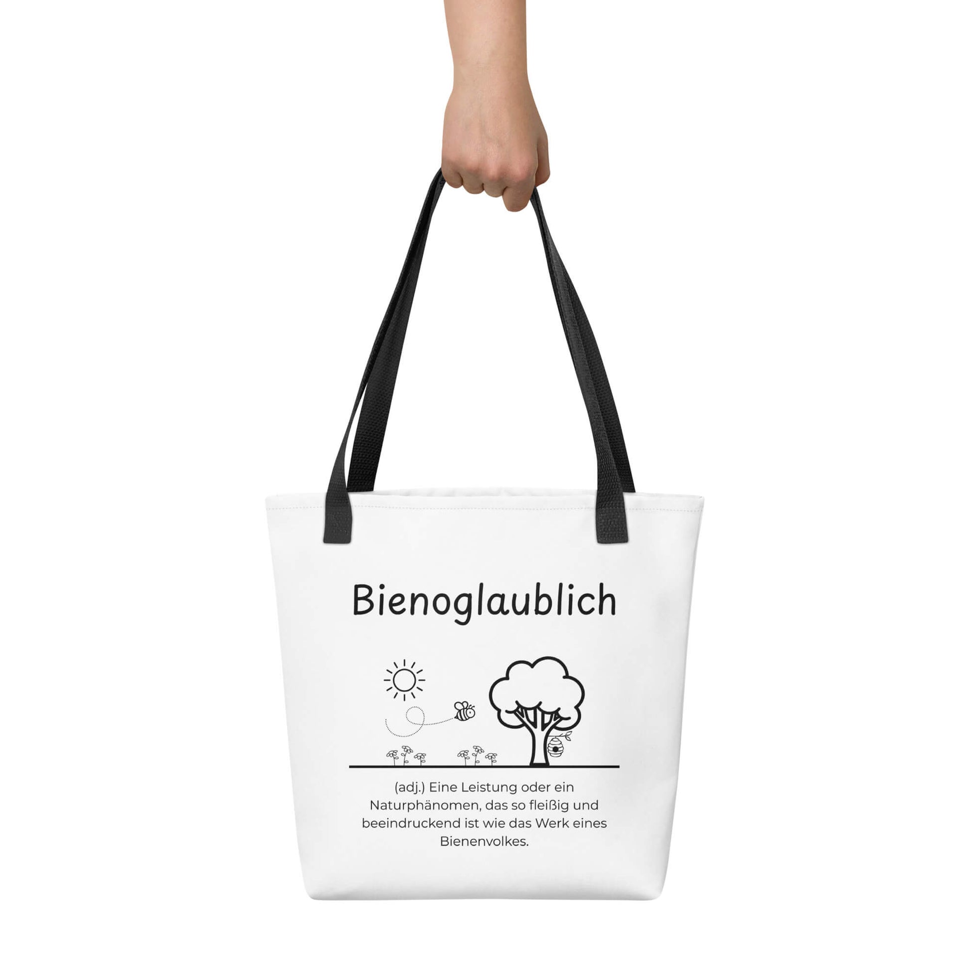 Bienoglaublich - Stofftasche in Black -White aus Polyester und Baumwolle - Premium Edition - Frontansicht haltend in Hand mit schwarzem Print