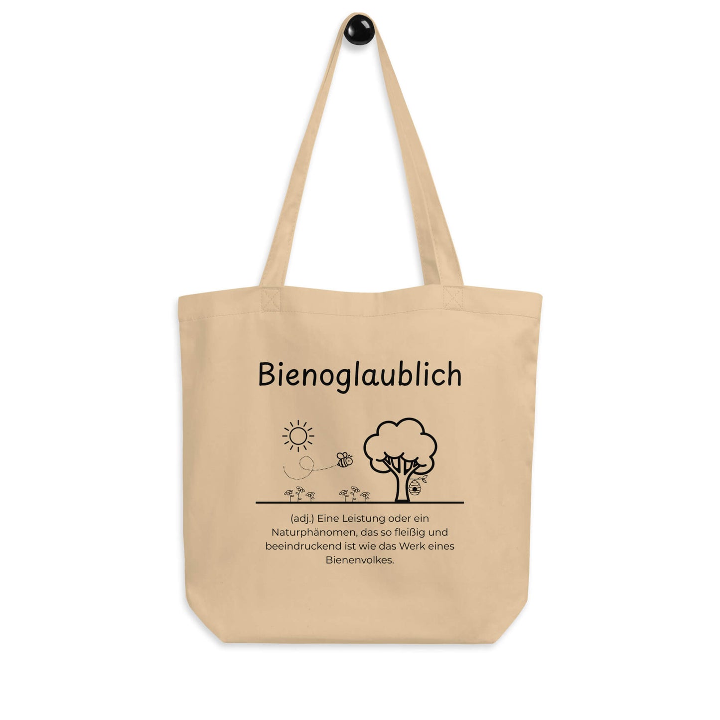 Bienoglaublich Bio-Stoffbeutel. Einkaufstasche in Oyster aus Bio-Baumwolle - Res5 Edition - Frontansicht hängend mit schwarzem Print