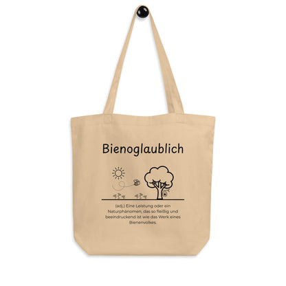 Bienoglaublich Bio-Stoffbeutel. Einkaufstasche in Oyster aus Bio-Baumwolle - Res5 Edition - Frontansicht hängend mit schwarzem Print