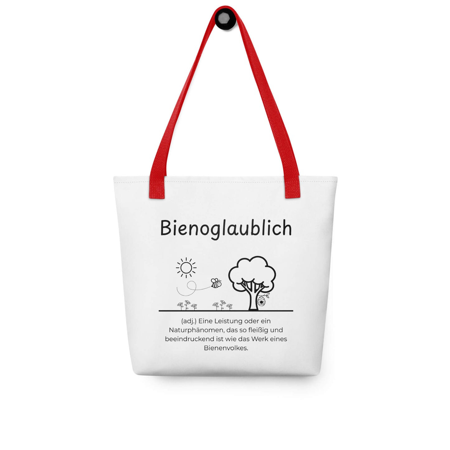 Bienoglaublich - Stofftasche in Red -White aus Polyester und Baumwolle - Premium Edition - Frontansicht hängend mit schwarzem Print