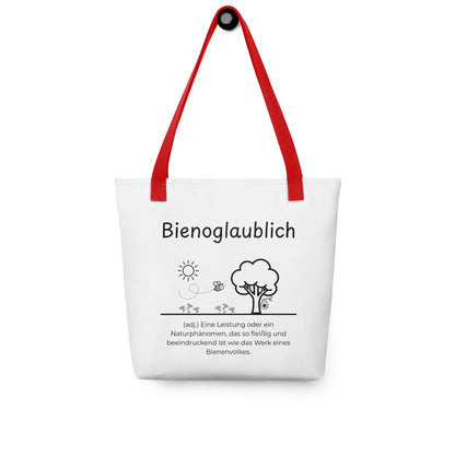 Bienoglaublich - Stofftasche in Red -White aus Polyester und Baumwolle - Premium Edition - Frontansicht hängend mit schwarzem Print